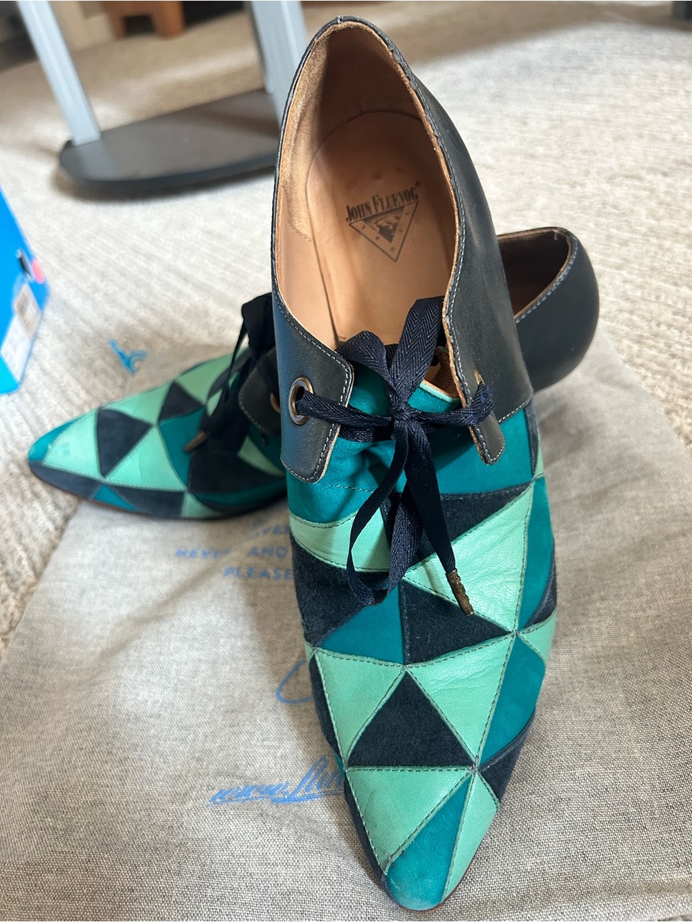 John Fluevog Teal, Aqua & Black Geometric Lace-Up Pointed Wedges